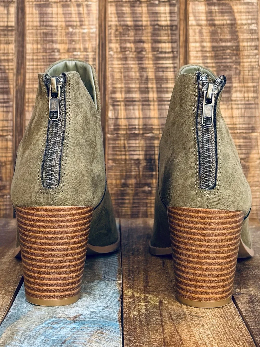Sun + Stone Olive Green Suede Ankle Boots
